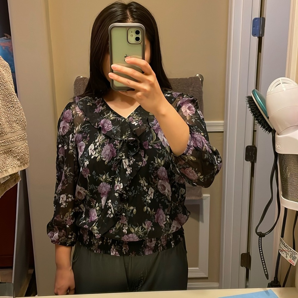 Purple and Black V-Neck Blouse